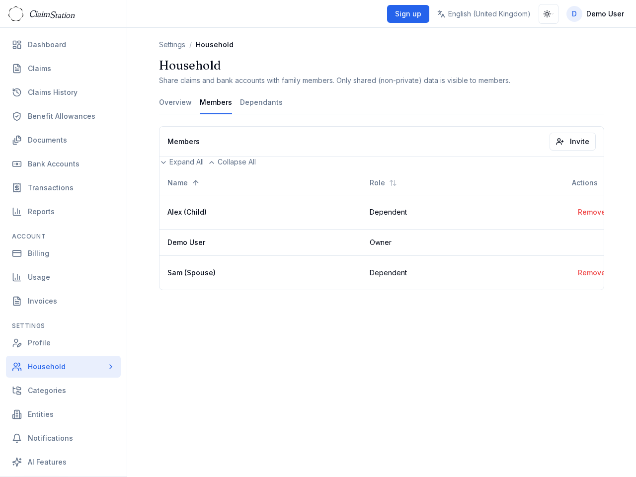ClaimStation household members settings